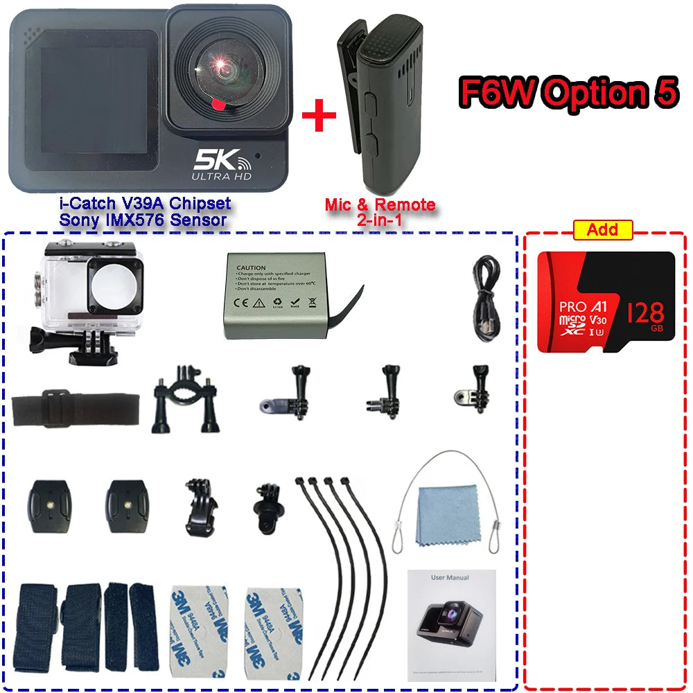 F6W Wireless Mic Action Camera &ndash; 5K Ultra High Definition with Dual Screen F6wOption 5 / Option Only