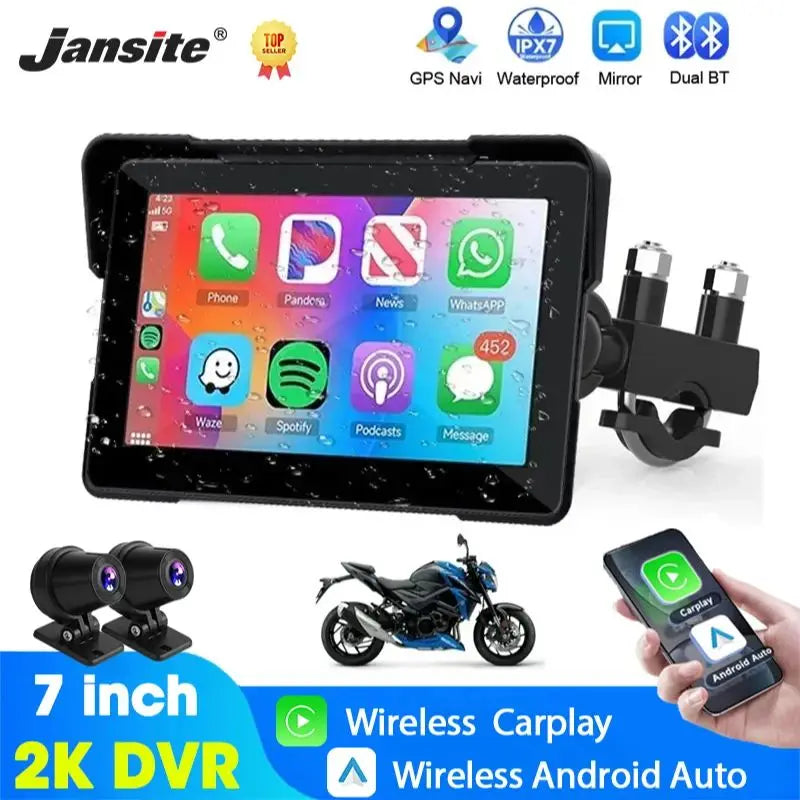 Jansite 5 Inch Portable CarPlay Motorcycle DVR &ndash; IPX7 Waterproof LCD Display