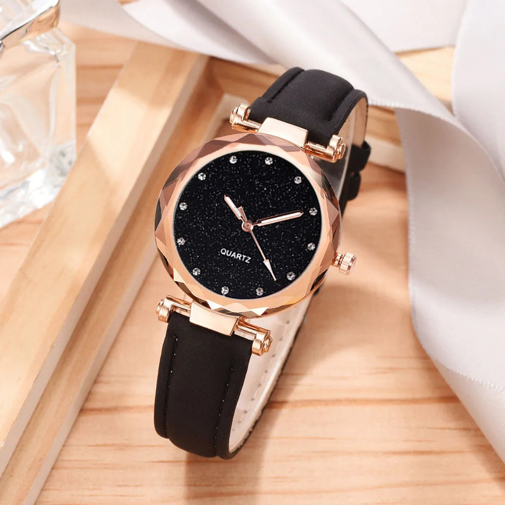 Romantic Starry Sky Leather Bracelet Watch for Women black