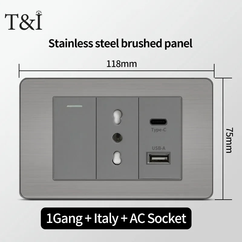 118 Grey Tuya Wifi Wall Socket &ndash; USB Type-C Brushed Finish 1Gang-Italy-AC / Grey