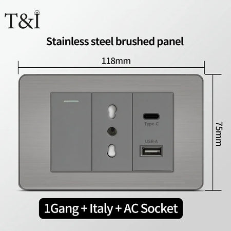 118 Grey Tuya Wifi Wall Socket &ndash; USB Type-C Brushed Finish 1Gang-Italy-AC / Grey