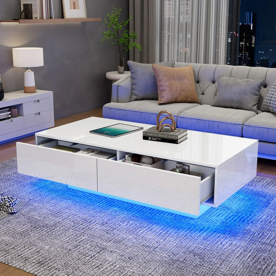 Tavolino da caffè moderno ad alta lucentezza con 2 cassetti e luci LED