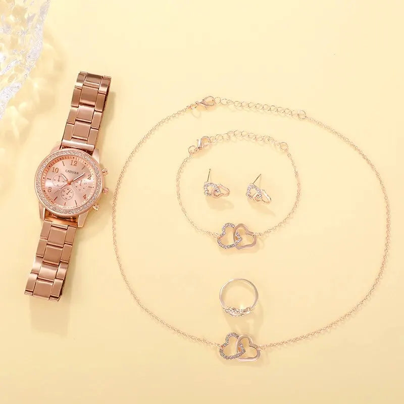 6PCS Rose Gold Luxury Rhinestone Jewelry Set with Watch, Ring, Necklace, and Earrings