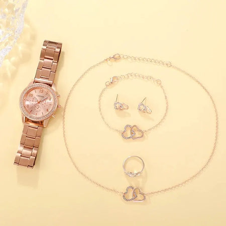 6PCS Rose Gold Luxury Rhinestone Jewelry Set with Watch, Ring, Necklace, and Earrings