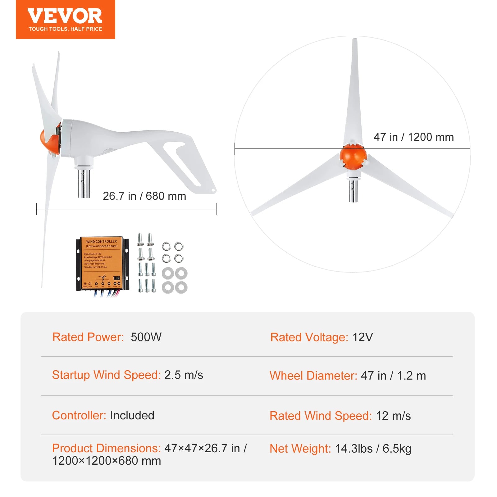 VEVOR 12V 500W/800W Wind Turbine Generator Kit with MPPT Controller 12V 500W 3 Blades / UNITED KINGDOM