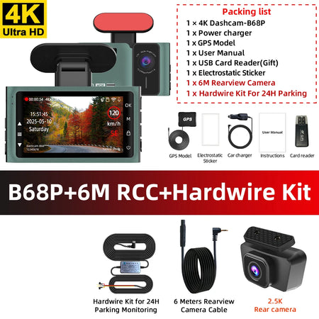 4K Dual Dash Cam WiFi And GPS - Front 4K Rear 2.5K Night B68P-6M RCC-KIT / 256G