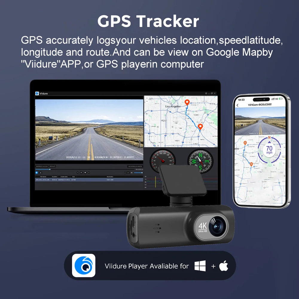 UHD 4K Dash Cam Dual Lens &ndash; Built-In WiFi and GPS for 24-Hour Parking Monitoring