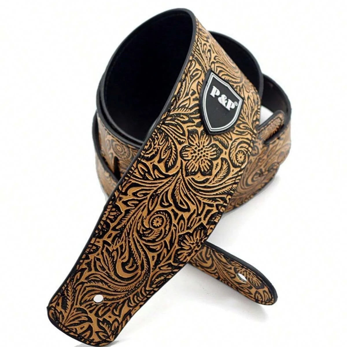 Guitar Strap PU Leather 2.5 Inch &ndash; Soft Embroidered Pattern Yellow