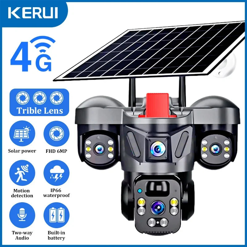 Outdoor 6MP PTZ Solar WiFi Camera With 4G, Triple Lens CCTV Surveillance