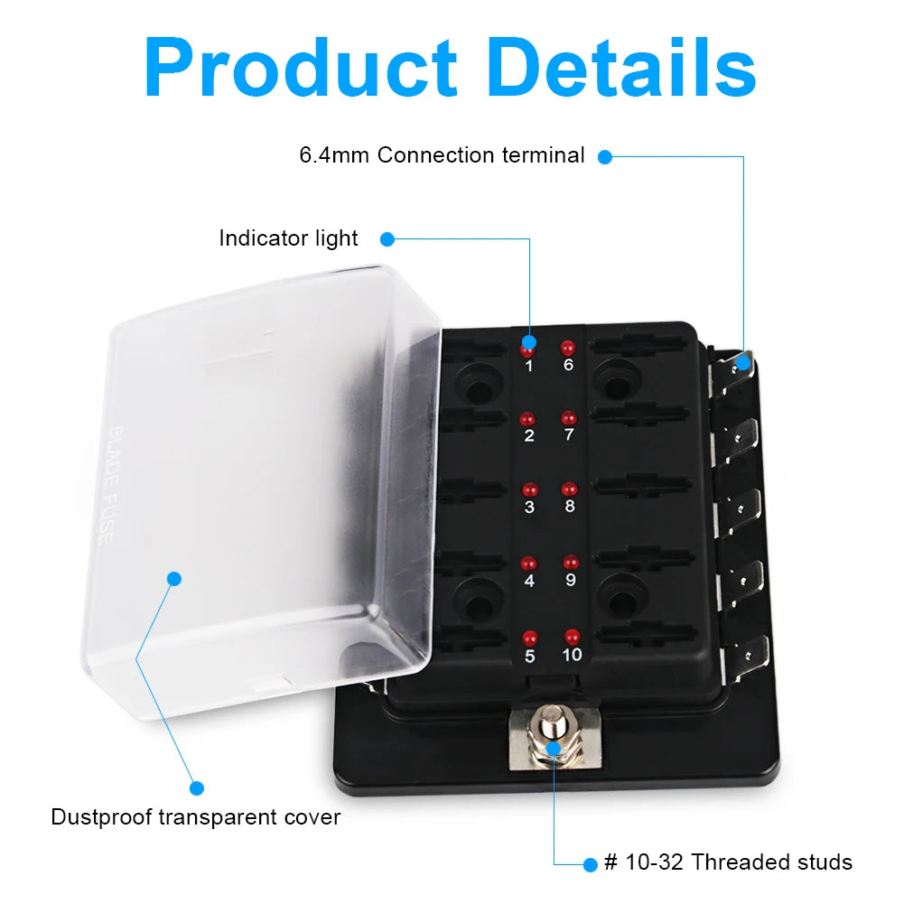 Universal 12V Car Boat Fuse Box Holder With 10 Ways Blade Fuse Holder Block &amp; Warning Indicator for Car Marine Boat