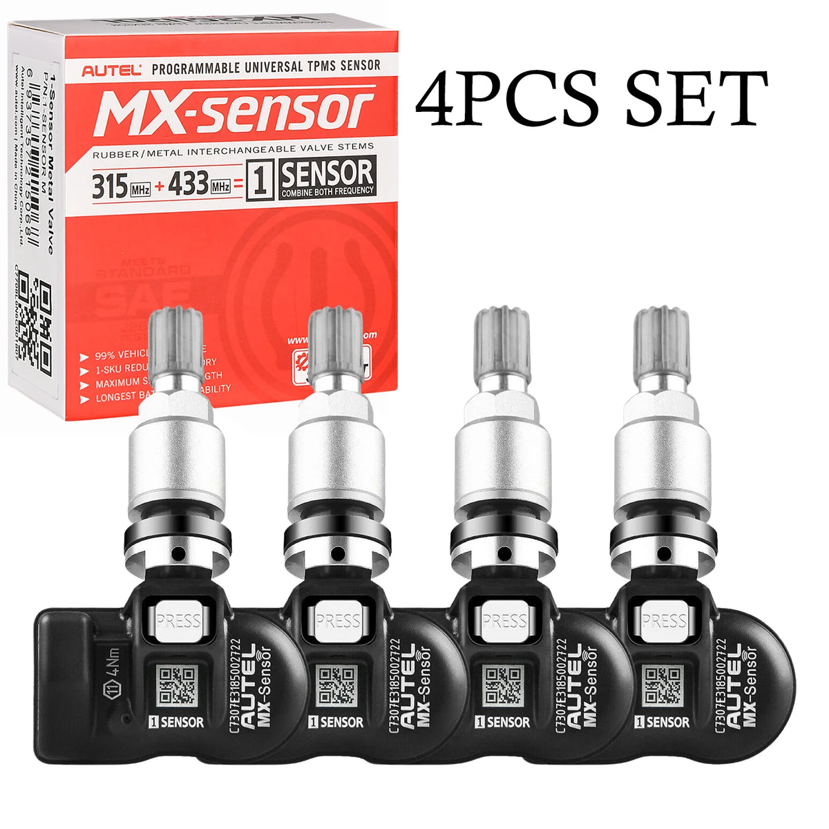 Autel TPMS MX Sensor 315MHz 433MHz - Cloneable Programming 4pcs Metal Valve / United States