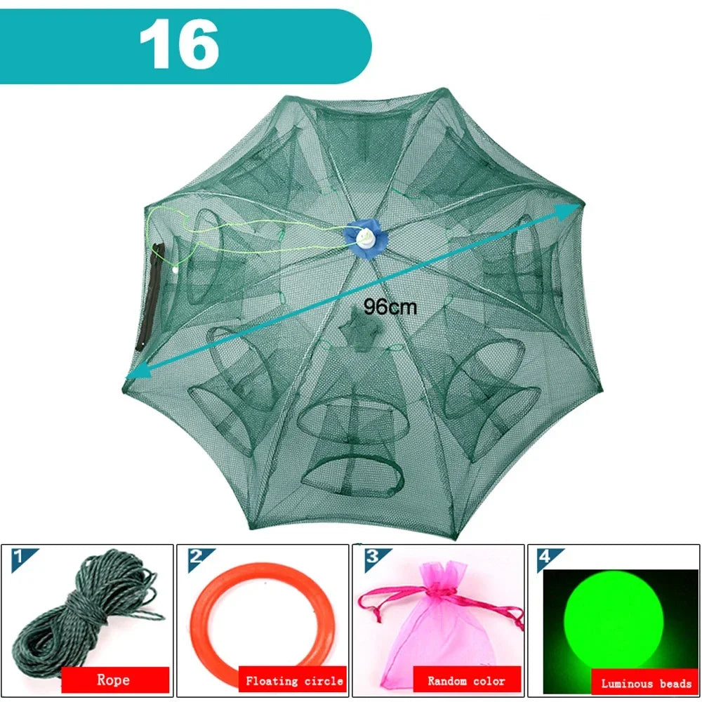 Portable Foldable Fishing Net Shrimp Cage - Automatic Nylon Fish Trap 16 HOLES