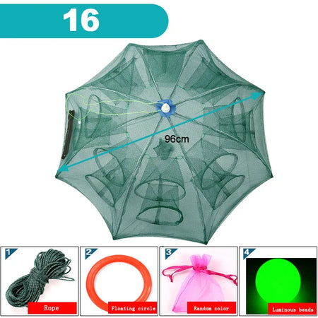 Portable Foldable Fishing Net Shrimp Cage - Automatic Nylon Fish Trap 16 HOLES