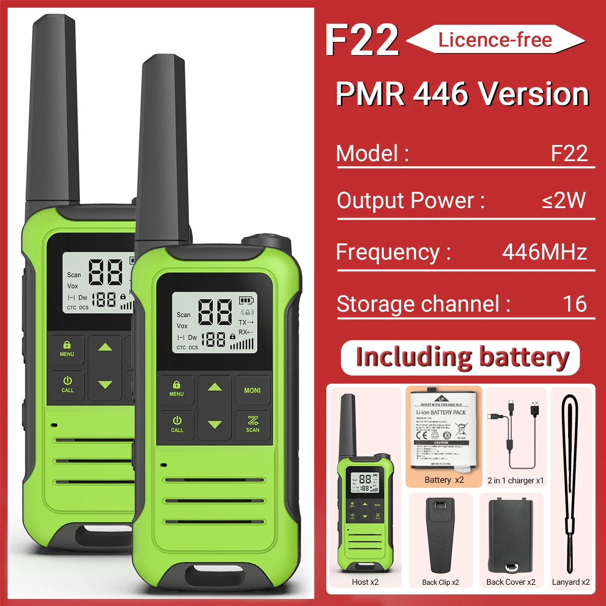 Baofeng F22 Mini Walkie Talkie PMR FRS - Long Range PMR -NewGreen