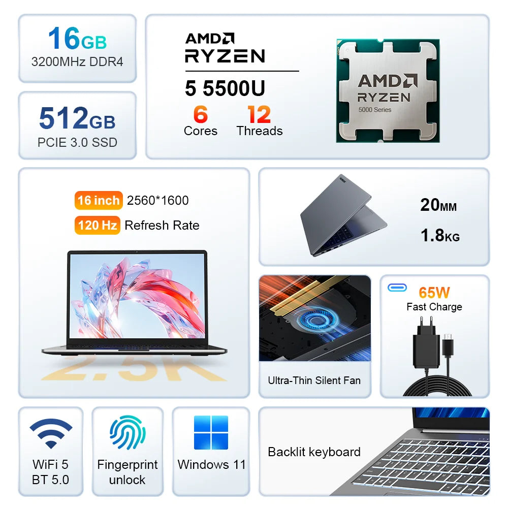 Ninkear A15 Pro Laptop 16 Inch &ndash; 120Hz 2.5K QHD Display with AMD Ryzen 5 5500U