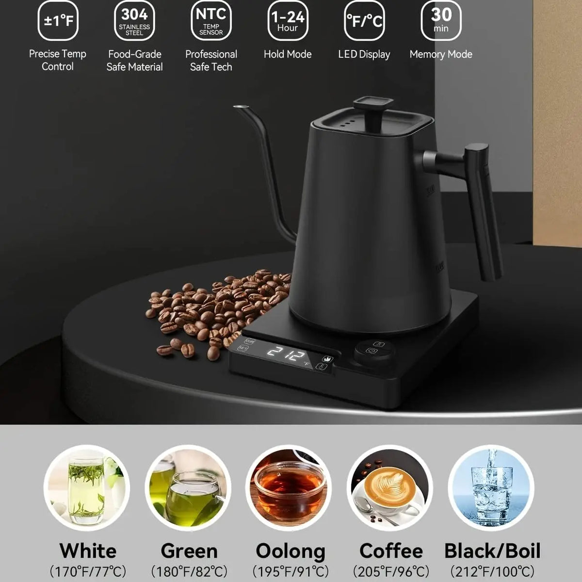 Gooseneck Electric Kettle - Precise 1 Degree Temp Control