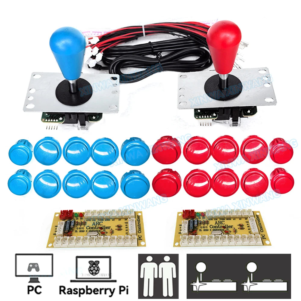 Arcade Joystick DIY Kit for PC and Raspberry Pi 2 player blue red