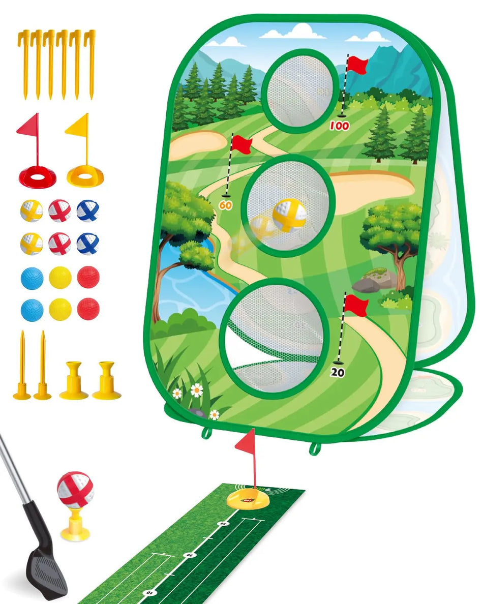 Set da golf 4 in 1 per bambini con rete per chipping a 3 lati e tappetino per putting