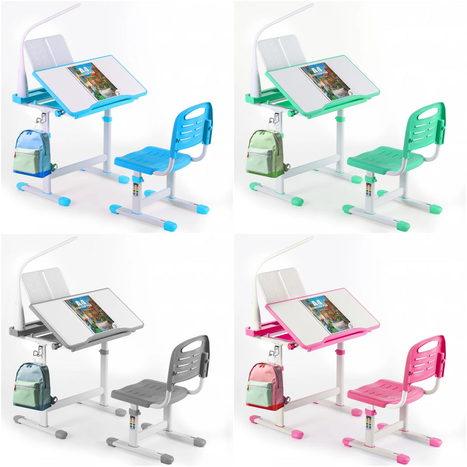 Höj- och sänkbar barnskrivbord med låda och LED-lampa