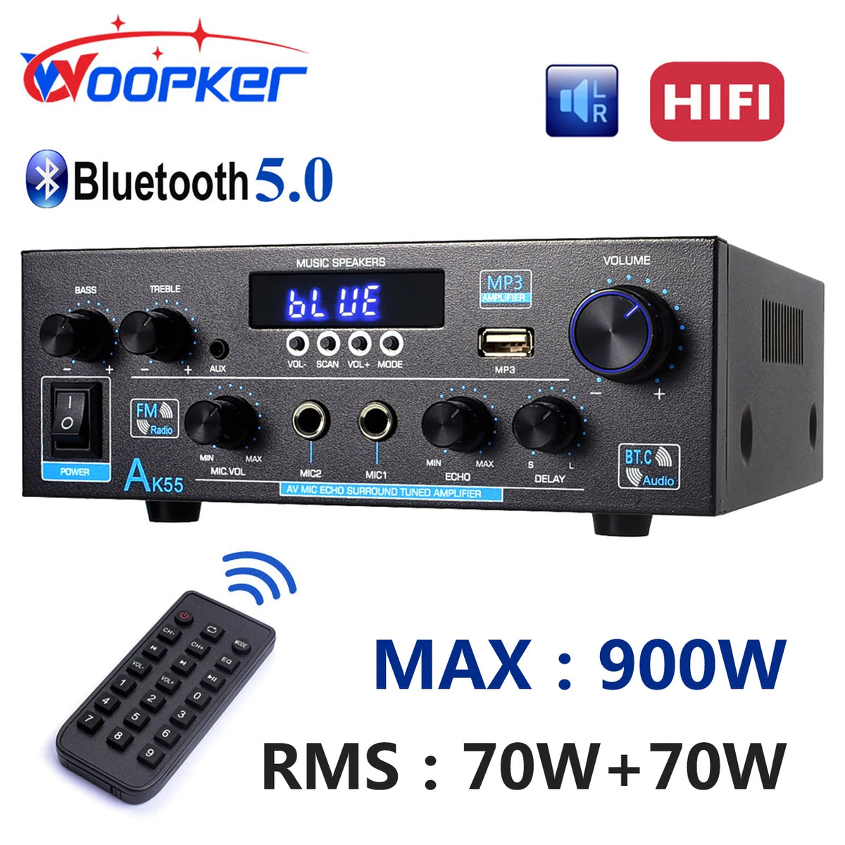Woopker AK55 MAX 900W HiFi Bluetooth Audio Amplifier