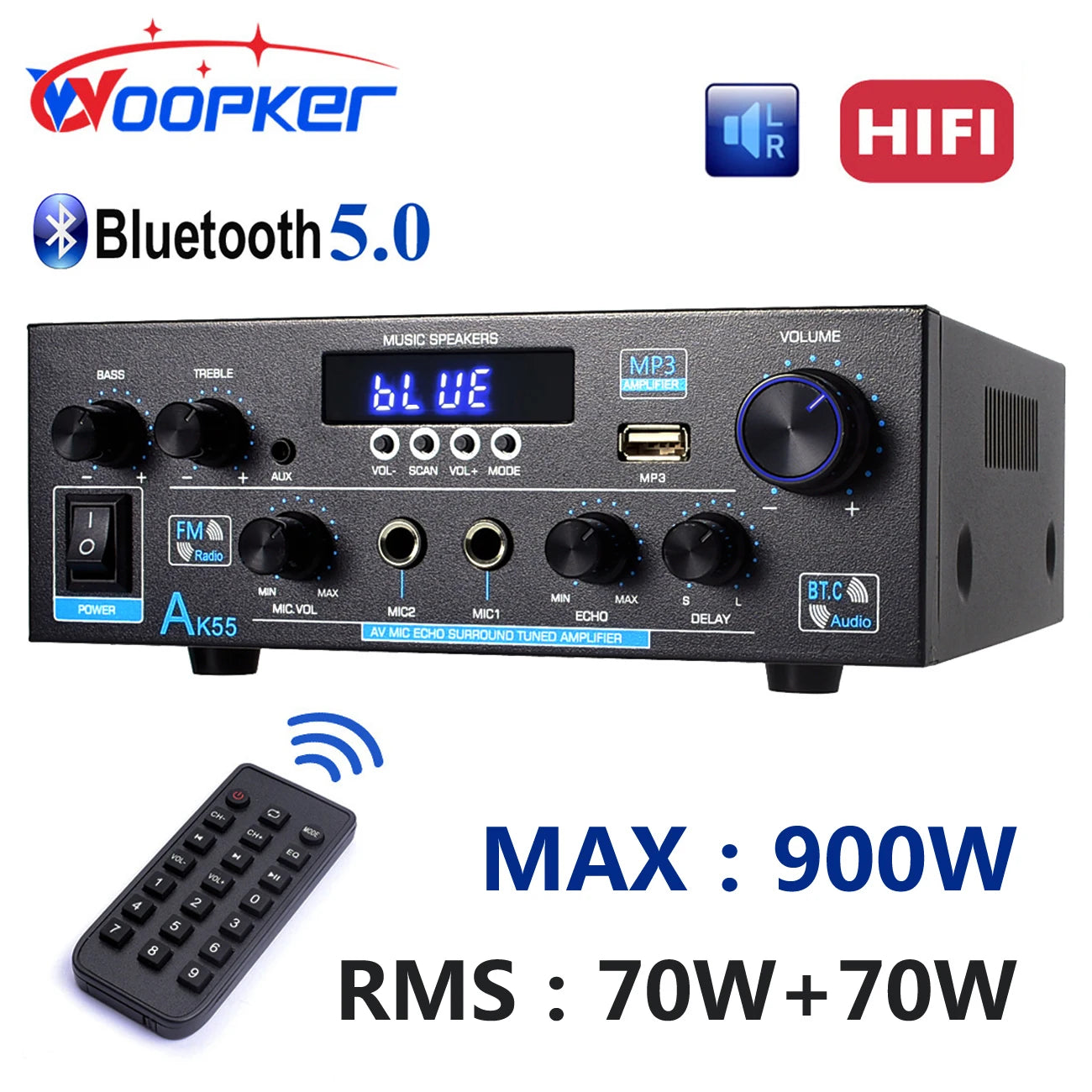 Woopker AK55 MAX 900W HiFi Bluetooth Audio Amplifier