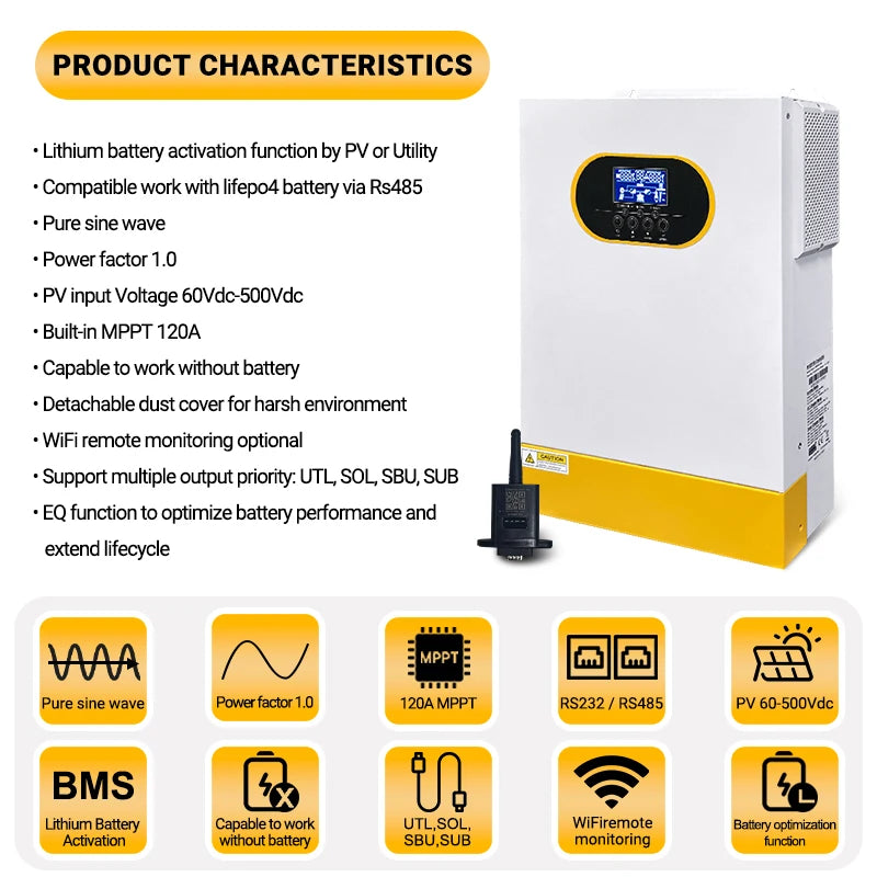 Aninerel 6.2KW 48V Hybrid Solar Inverter with WiFi, Pure Sine Wave MPPT 120A LiFePO4 Compatible