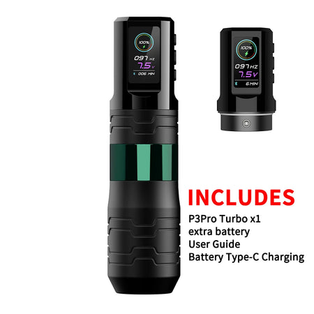 EZ P3 Pro Turbo &ndash; Wireless Battery Tattoo Pen OLED Display GreenX2Power