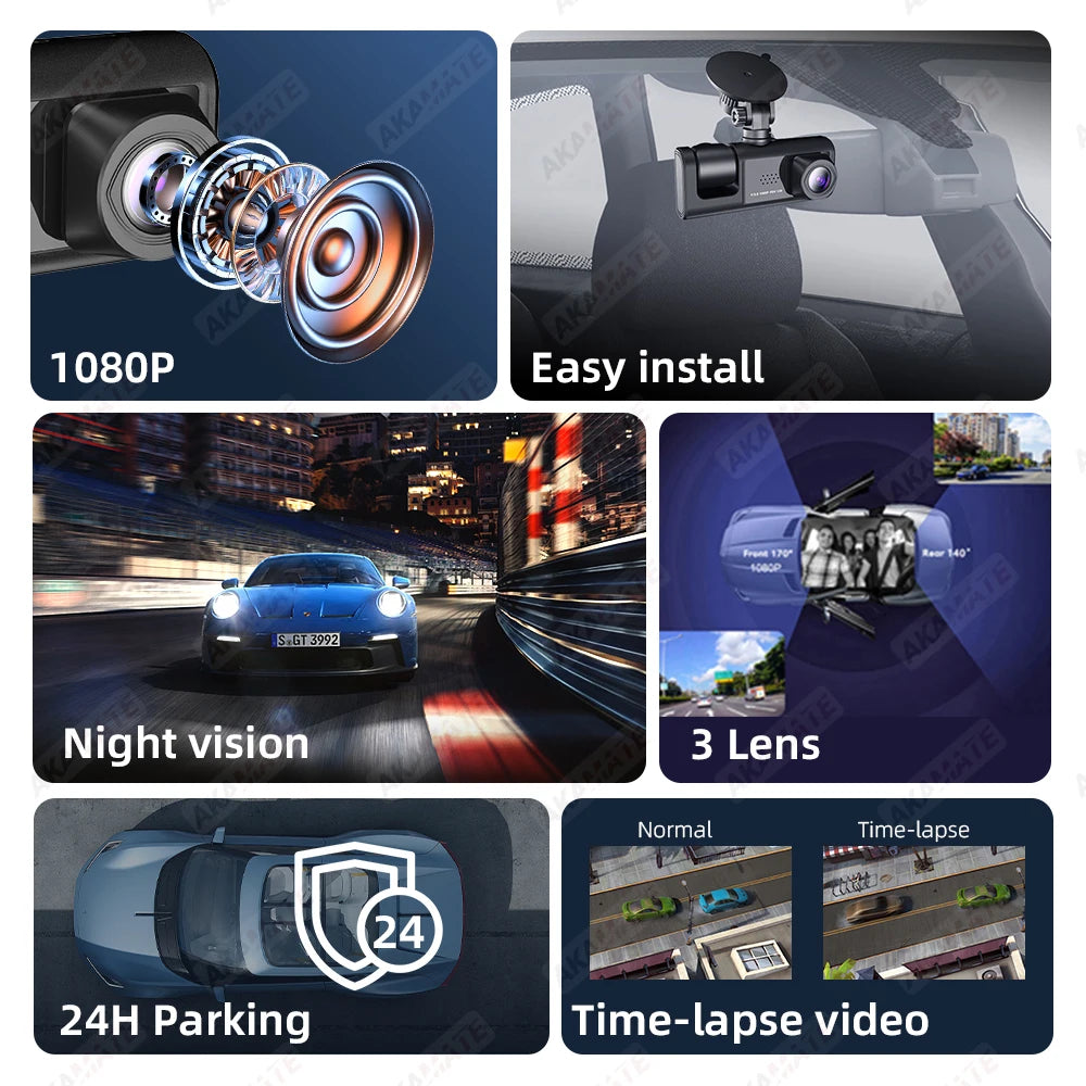 Dash Camera Night Vision 3-Lens DVR &ndash; 1080P IPS Screen
