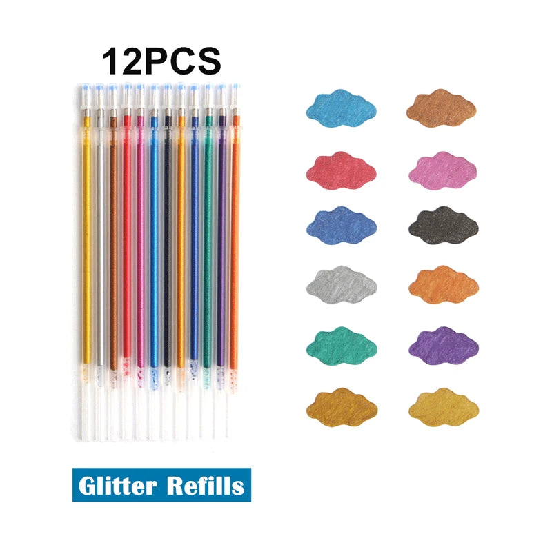 48 Metallic Glitter Gel Pens Set - Ideal for Colouring &amp; Drawing 12Pcs Glitter Refill
