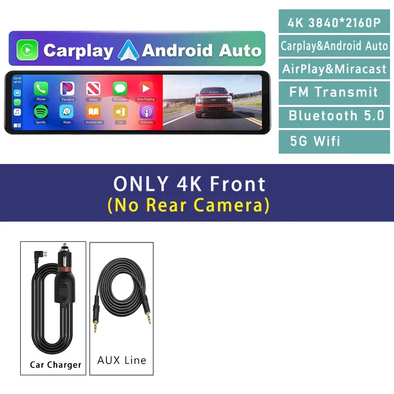 11.26 Inch 4K Car DVR Dash Cam - CarPlay Android Auto GPS Only 4K Front / 128G