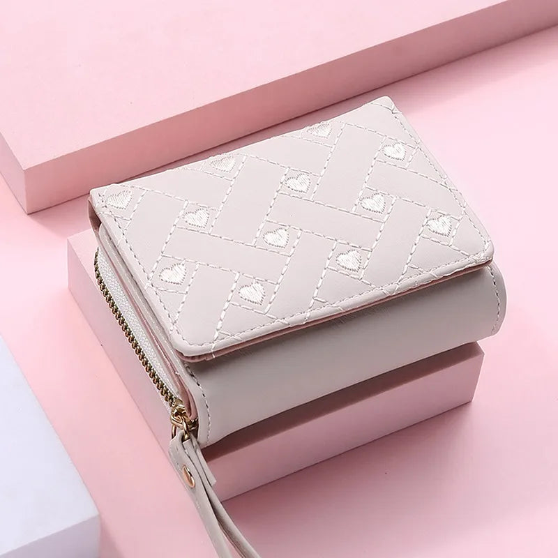 Korean Minimalist Embroidered Love Pattern Tri-Fold PU Wallet for Women Beige