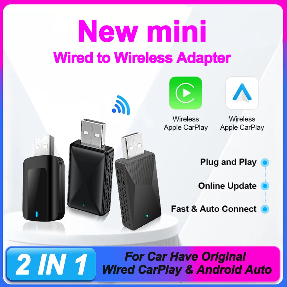2 In 1 Wireless CarPlay Android Auto Adapter, Plug and Play USB Dongle
