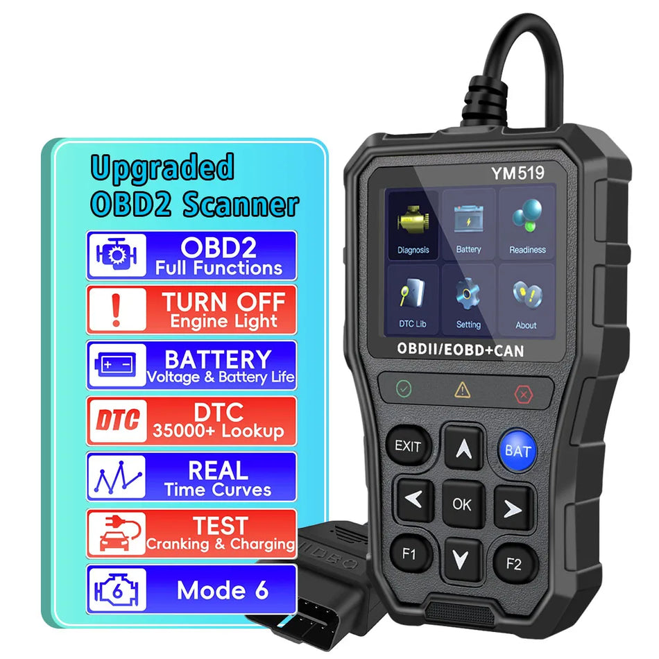 YM519 12V OBD2 Skaitytuvas, Kodo Skaitytuvas Variklio Patikrai, Akumuliatoriaus Testas