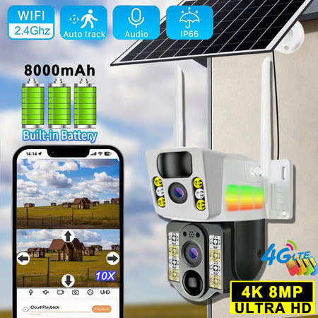 V380 Pro 8MP HD Solar Camera WIFI Smart Home Security Protection Home 360 Monitor 4K 4G SIM Card Outdoor with Battery 4G Network