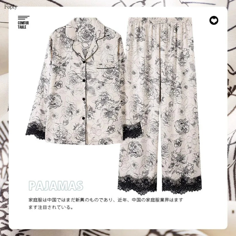 Flower Print Lace Two-piece Satin Pajamas for Women - Spring &amp; Autumn