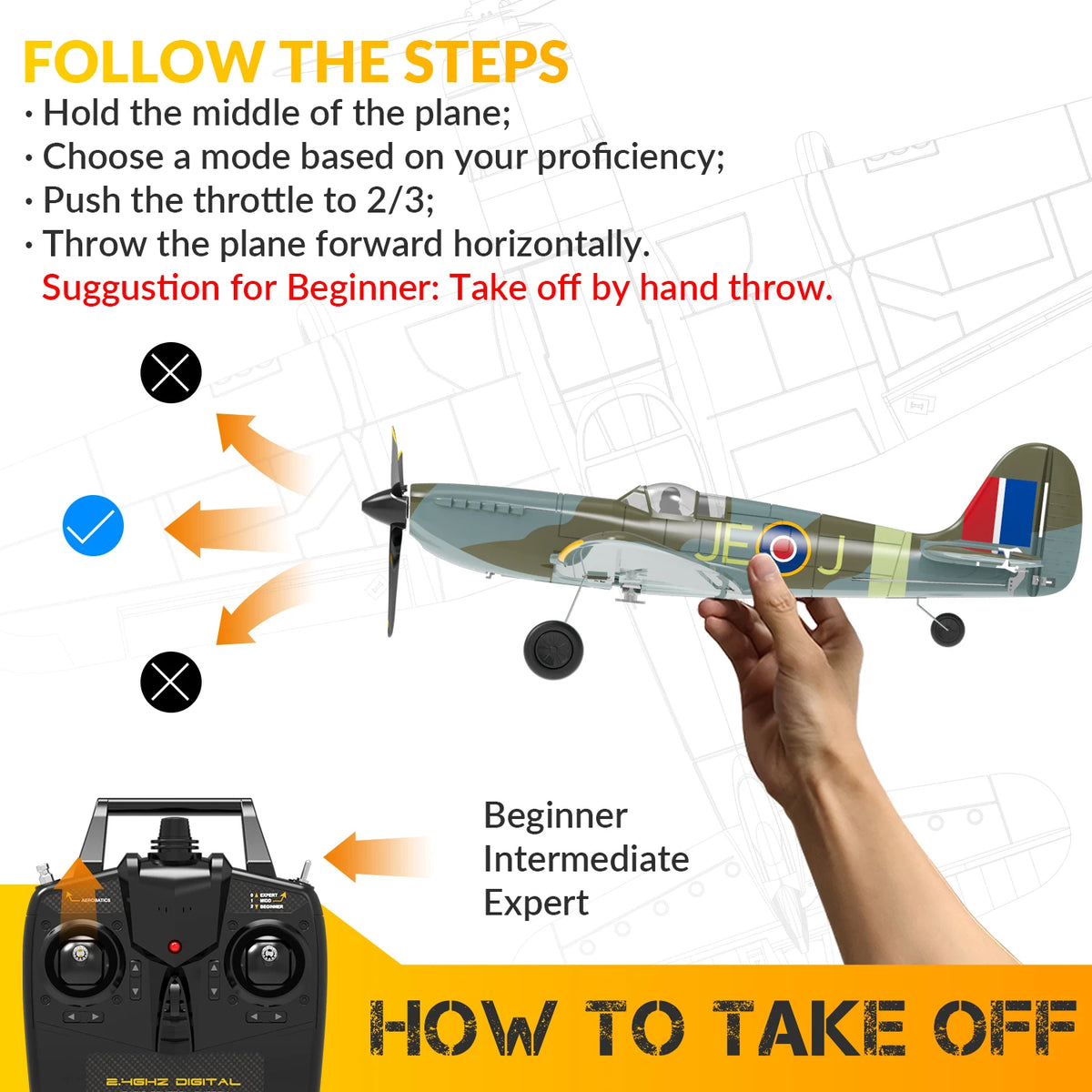 Volantex Spitfire RC Fighter Plane - 400mm, 4CH, One-Key Aerobatic, RTF