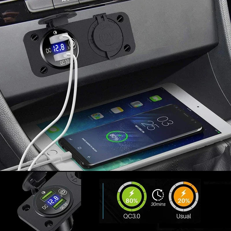 Водонепроницаемое автомобильное зарядное устройство с двумя USB-портами, быстрой зарядкой 3.0 и вольтметром