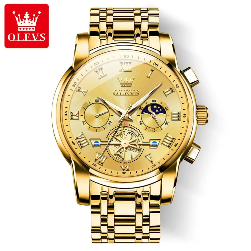 OLEVS Classic Roman Dial Quartz Watch with Luminous Chronograph and Waterproof Design No / All gold
