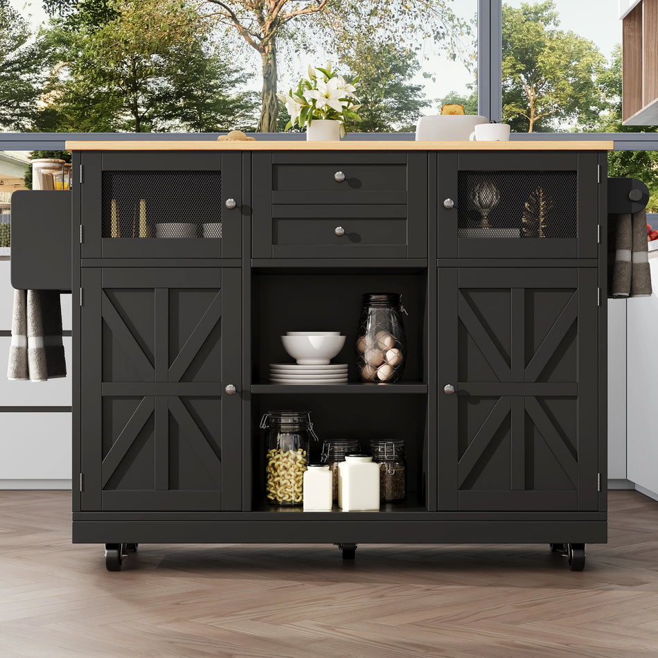 Wood Grain Kitchen Island With Foldable Dining Table Buffet