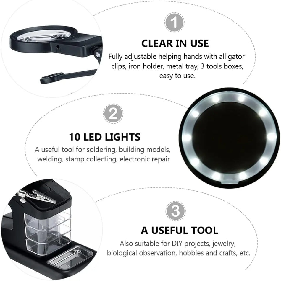 Led Light Helping Hands Magnifier - 3X to 25X Magnifier