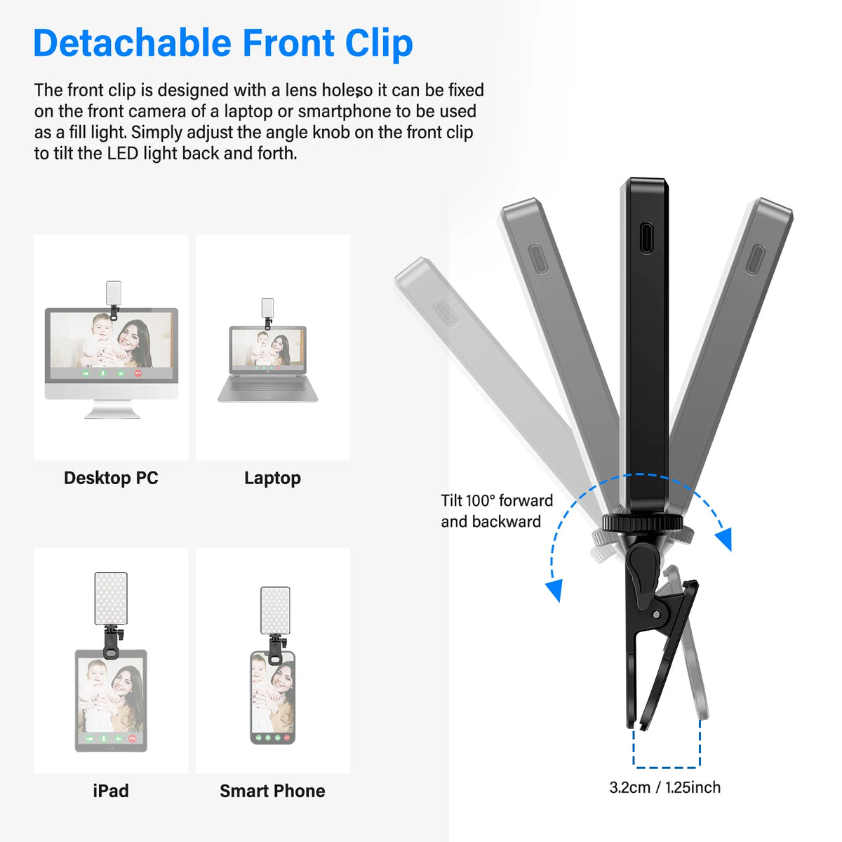 St rbea 120 LED Rechargeable Selfie Light with Tripod for Vlogging and Video Conferencing