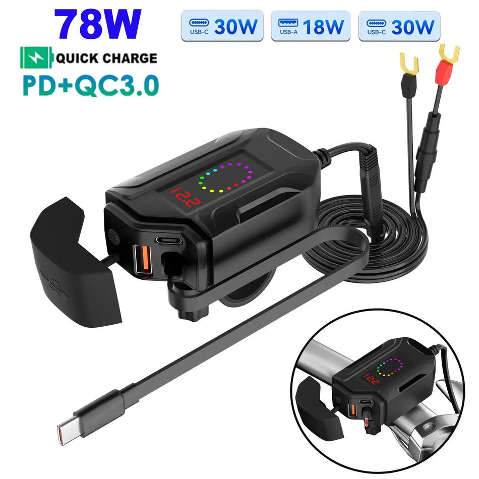 PD+QC3.0 Motorcycle Handlebar Phone Charger With Voltmeter by InterCyprus Trading Ltd