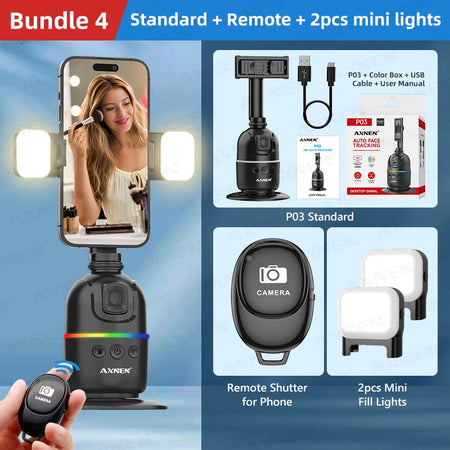 Smart Auto Face Tracking AI Gimbal for Smartphone &amp; Action Camera | 360&deg; Rotation Vlog Kit add-Remote-Light