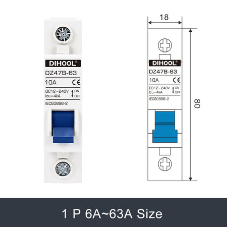 DC Mini Circuit Breaker DZ47B for Solar Battery Protection - 12V to 240V, 16A to 125A