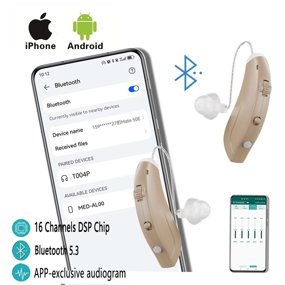 Amplificatoare pentru aparate auditive cu 16 canale Bluetooth, cu încărcare USB, control volum, ton reglabil pentru compensarea pierderii auzului