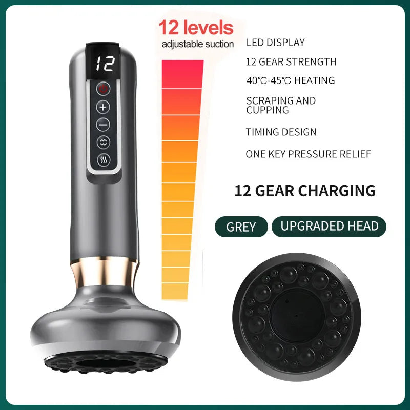 6/12 Gear Electric Cupping Massager - Anti Cellulite &amp; Body Slimming Device with Heat Therapy 12 gears gray