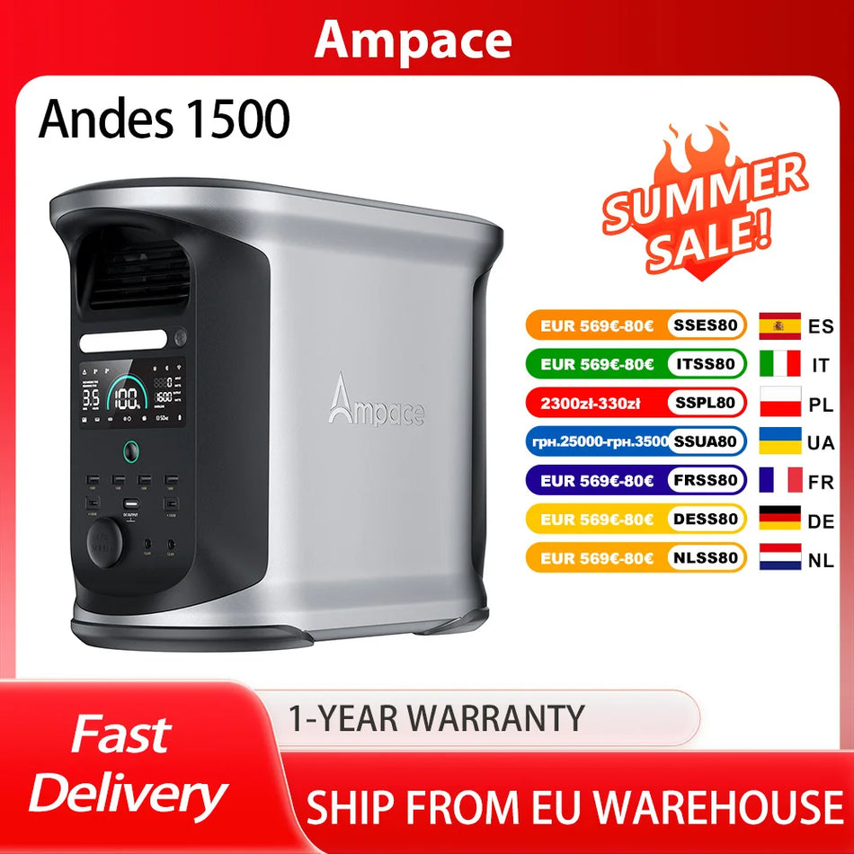 Ampace Andes 1500 Portable Power Station with 1462Wh LiFePO4, 2400W Solar Generator, 13 Output Ports, 6000 Cycles