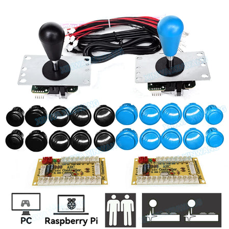 Arcade Joystick DIY Kit for PC and Raspberry Pi 2 player black blue