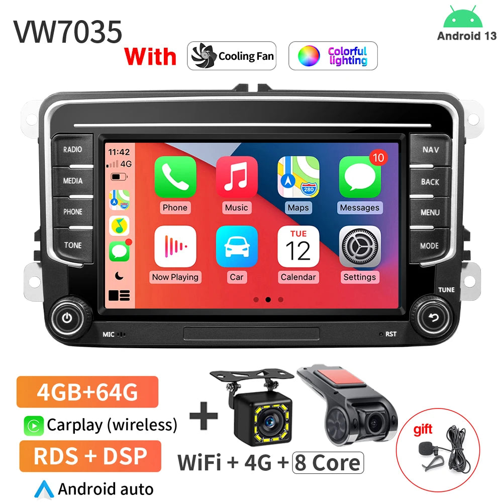 7Inch Car Radio VW Passat Tiguan GOLF - CarPlay GPS 4 64G DVR 12LED MIC