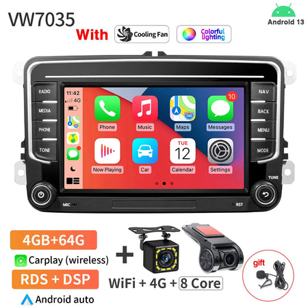 7Inch Car Radio VW Passat Tiguan GOLF - CarPlay GPS 4 64G DVR 12LED MIC